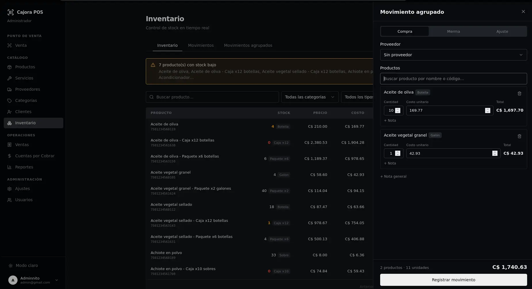 Capturas del inventario en escritorio